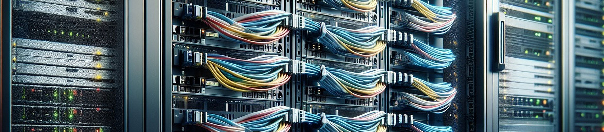 Close-up of multiple server racks in a data center, each filled with color-coded network cables neatly bundled and connected to the servers.