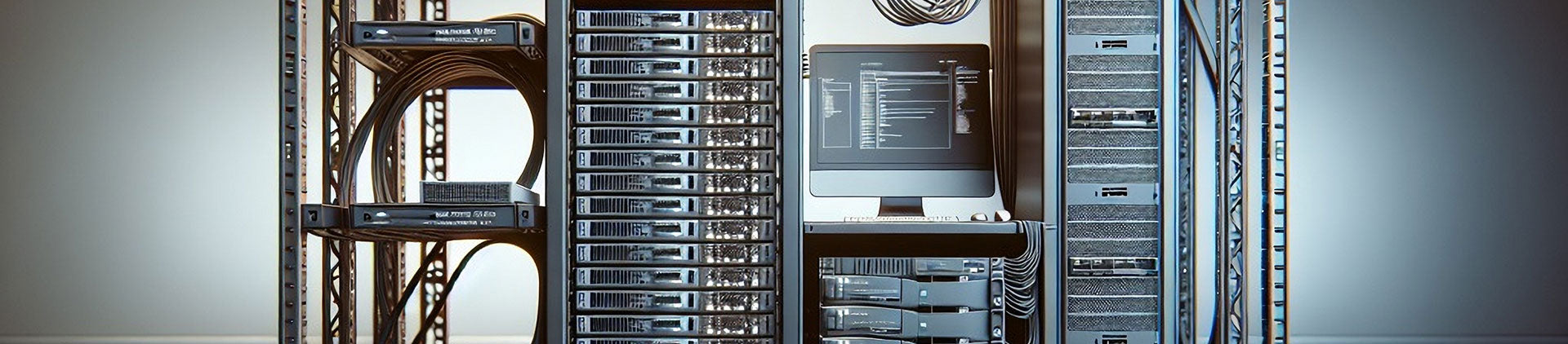 Multiple open-frame server racks filled with stacked hardware, networking cables, and a central computer display.