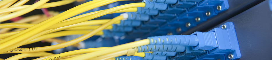 A close-up view of yellow OS2 fiber optic patch cables connected to blue fiber optic adapters in a networking setup, showcasing a clean and organized data transmission configuration.