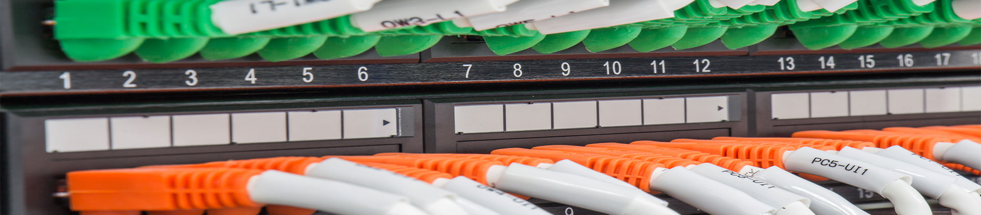 Close-up image of a network patch panel with organized connections, featuring orange and green patch cables plugged into numbered ports, showcasing a professional and labeled network setup.