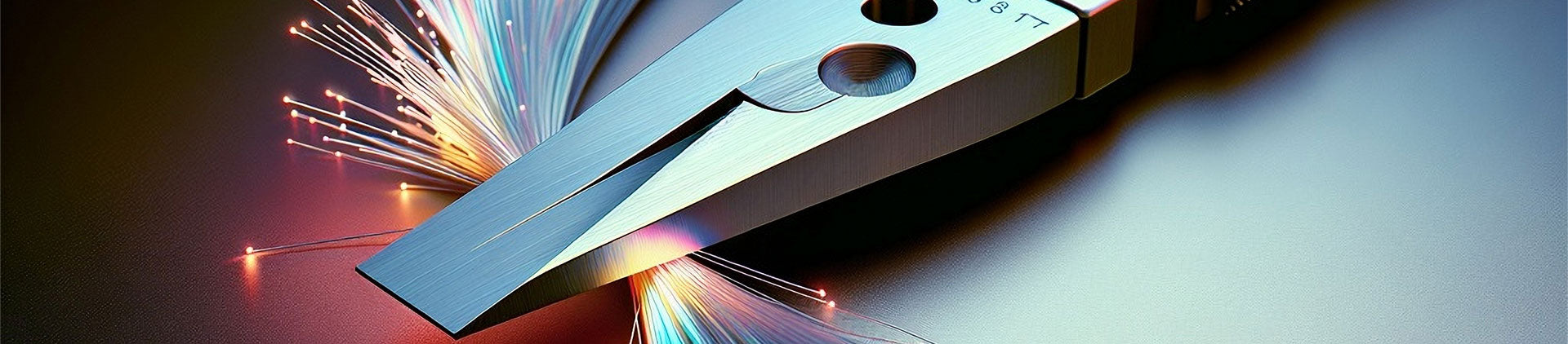 A close-up image of a precision fiber optic cleaver, showcasing its sharp blade and intricate design with glowing fiber optic strands.