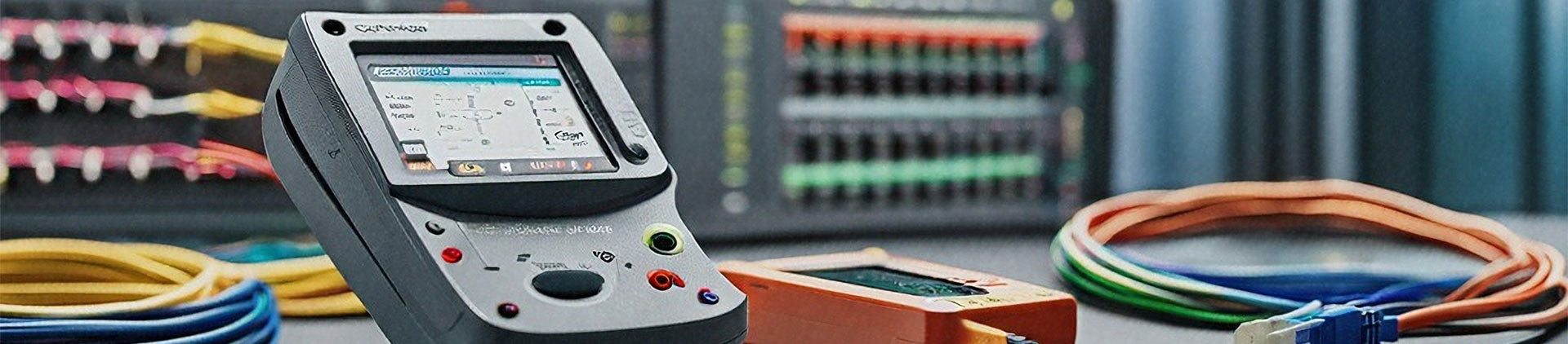 close-up of advanced fiber optic testing tools and equipment on a workstation, surrounded by colorful fiber optic cables and connectors.