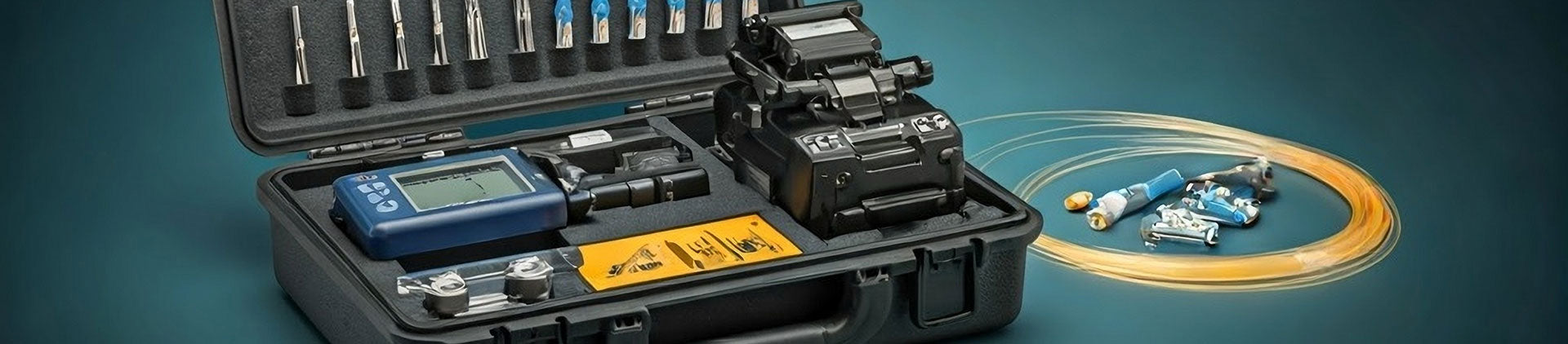 A close-up image of a professional fiber optic toolkit featuring precision tools, connectors, and a fiber splicing machine, all neatly organized in a durable black carrying case.