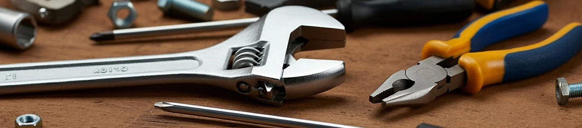 A close-up image of essential hand tools, including a silver adjustable wrench, yellow-handled pliers, a screwdriver, and scattered nuts and bolts.
