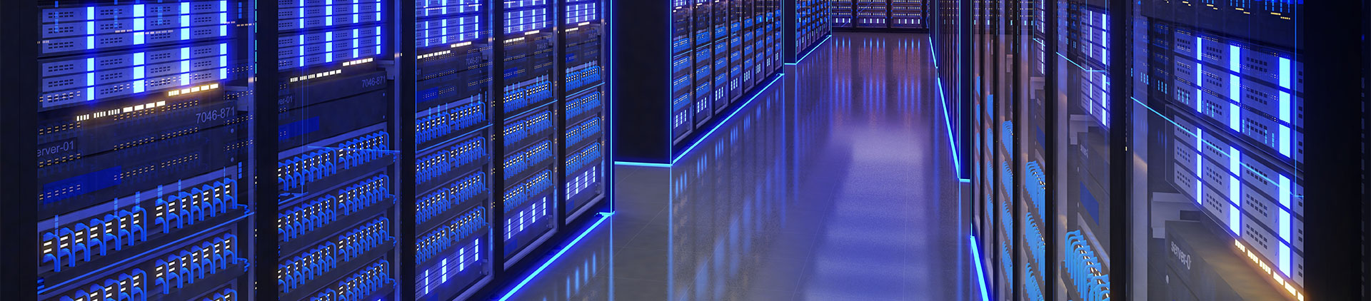 A futuristic data center corridor featuring rows of sleek, glass-paneled server racks illuminated by vibrant blue LED lights.