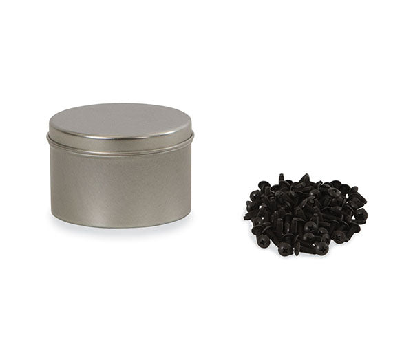 Open metal tin containing 12-24 rack screws with a black finish, and the lid to the side