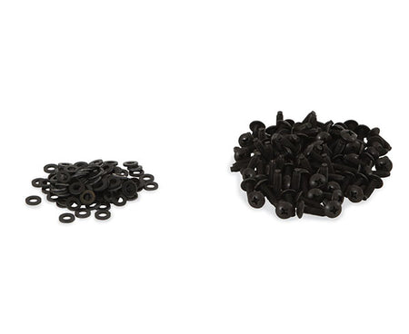 Assortment of black 10-32 rack washers and screws on a white background