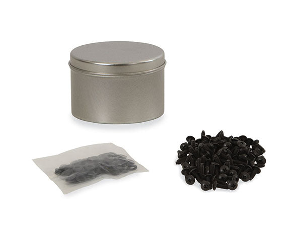 Metal tin with lid next to a container filled with 10-32 rack screws