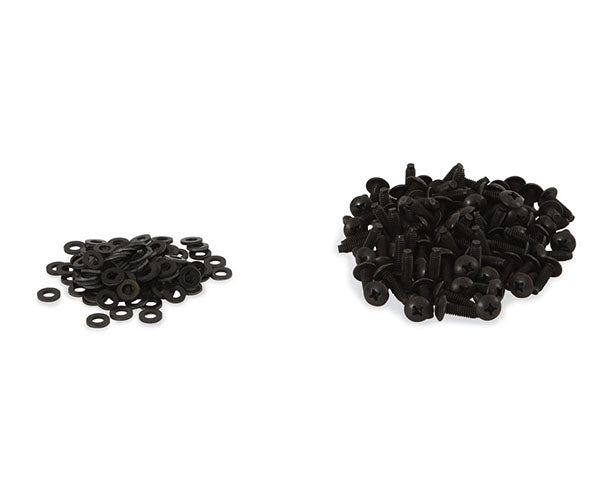 Assortment of black washers from the 12-24 rack screws pack on white