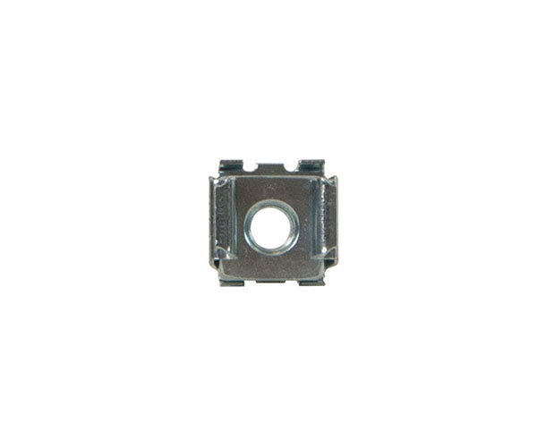 Single 12-24 cage nut with a centered hole displayed on white