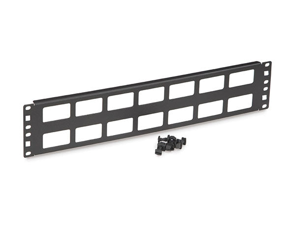 Close-up of 2U Cable Routing Blank with fourteen cable pass-through openings