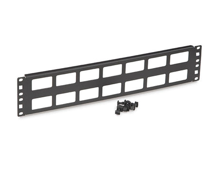 Close-up of 2U Cable Routing Blank with fourteen cable pass-through openings