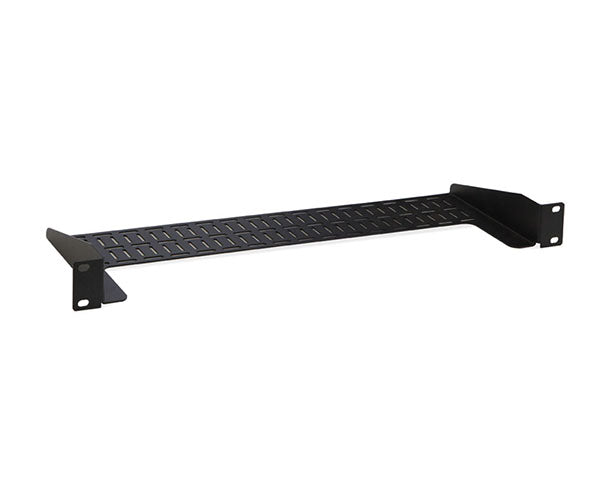 Black 1U rack shelf with dual mounting brackets