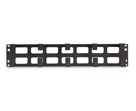 A black 2U cable manager with cable entry holes