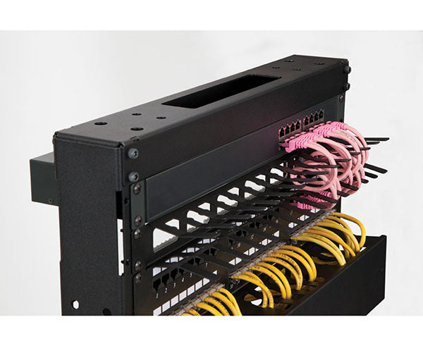 Frontal view of the 1U Finger Duct Cable Manager with cables and wire management features