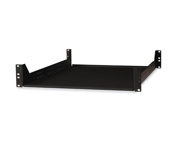 Two-tiered black metal shelf for 2U rack mounting