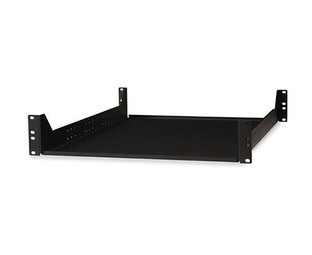 Two-tiered black metal shelf for 2U rack mounting