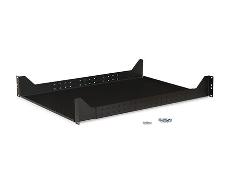 Adjustable 2U rack shelf in black with mounting hardware included