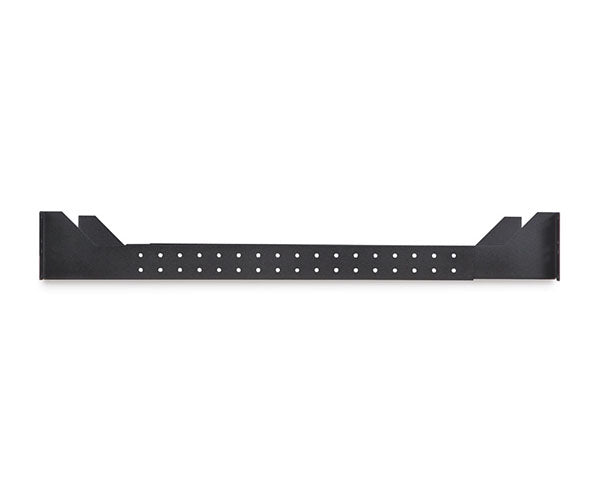 Close-up of a black 2U rack shelf with adjuster