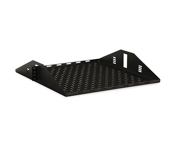 Perforated black metal shelf designed for electronic equipment ventilation