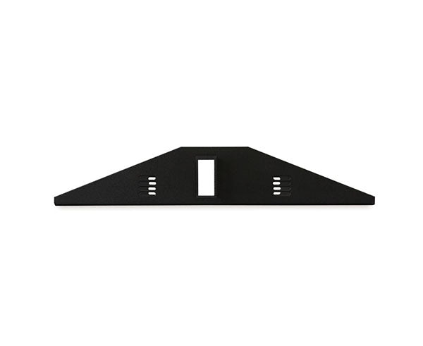 Black metal mounting bracket with dual screw holes for 2U shelf installation