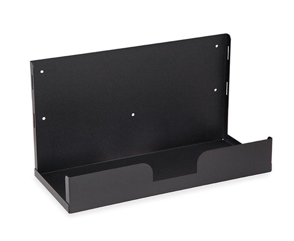 Wall-mounted CPU bracket in black with mounting holes
