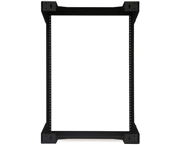 Rear view of the 15U 18" deep open frame wall rack against a white backdrop