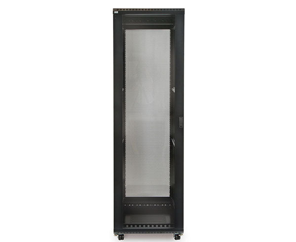 42U LINIER server cabinet featuring a glass front door on casters