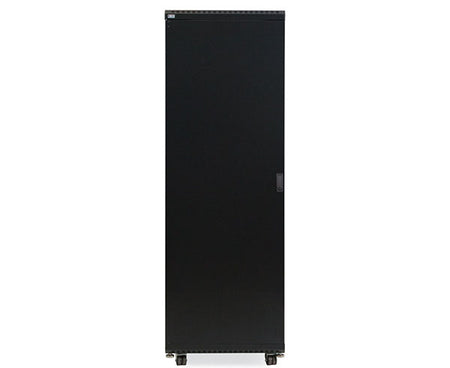 Side view of the 37U LINIER server cabinet with a solid rear door and casters