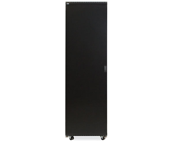 Front view of the 42U LINIER server cabinet with solid door and wheels