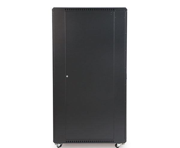 Side view of the 37U LINIER server cabinet with wheels against a white backdrop
