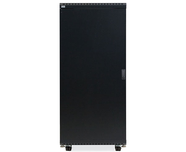 Rear view of the 27U LINIER® Server Cabinet on wheels with solid door, 24-inch depth