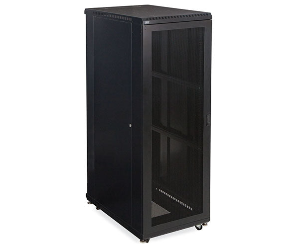 A single vented door of the 37U LINIER server cabinet showcasing lock mechanism