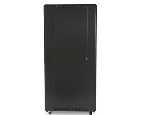 A sturdy black server cabinet on casters with vented door for mobility