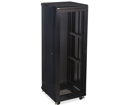 Front view of the 37U LINIER server cabinet with wheels and a vented door