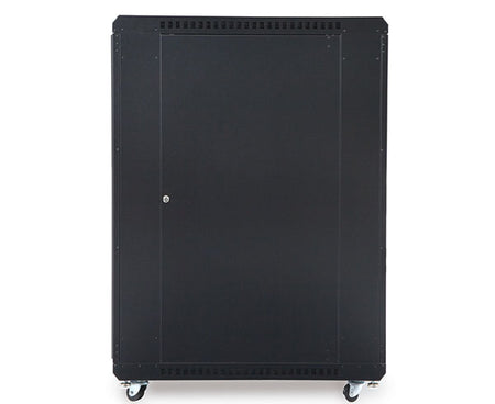 Angled view of the 22U LINIER server cabinet with solid doors on white backdrop