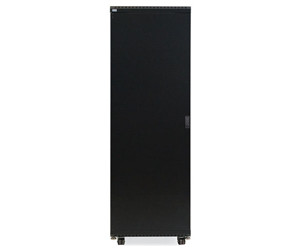 Front view of the 37U LINIER server cabinet with solid door and caster wheels