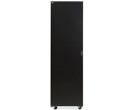 Full-length view of the 42U LINIER Server Cabinet from the back with wheels and stabilizing feet