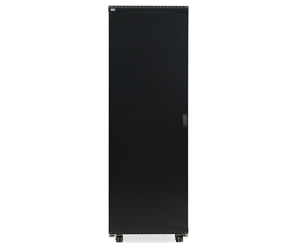 Front view of the 37U LINIER® Server Cabinet with solid doors and mobility casters