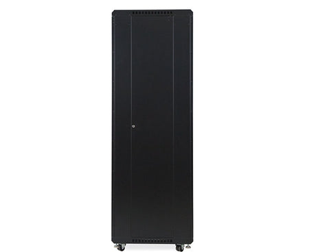 42U LINIER server cabinet with solid doors and wheels, shown from a different angle