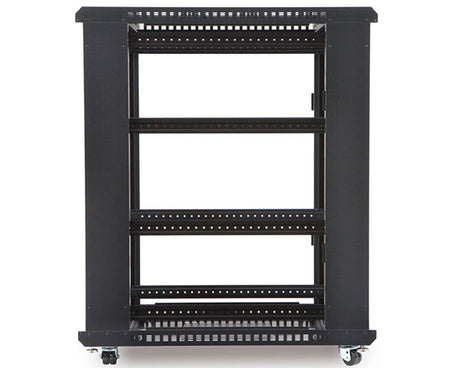 Side view of the 22U LINIER server cabinet on wheels with four adjustable feet