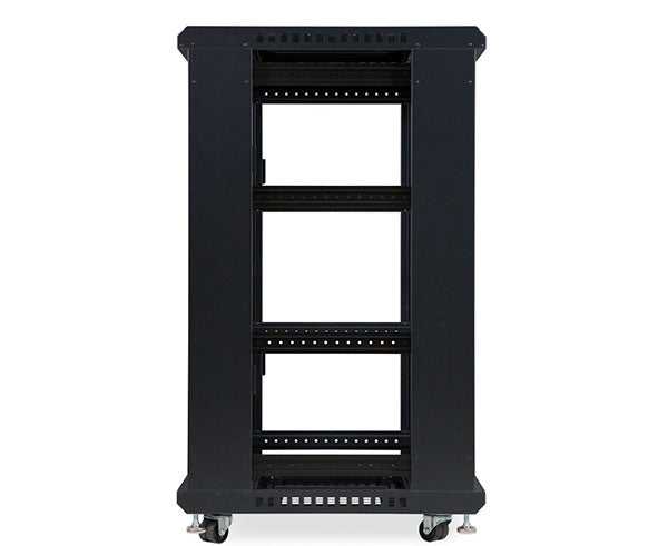Open 22U LINIER server rack with adjustable shelving and wheels