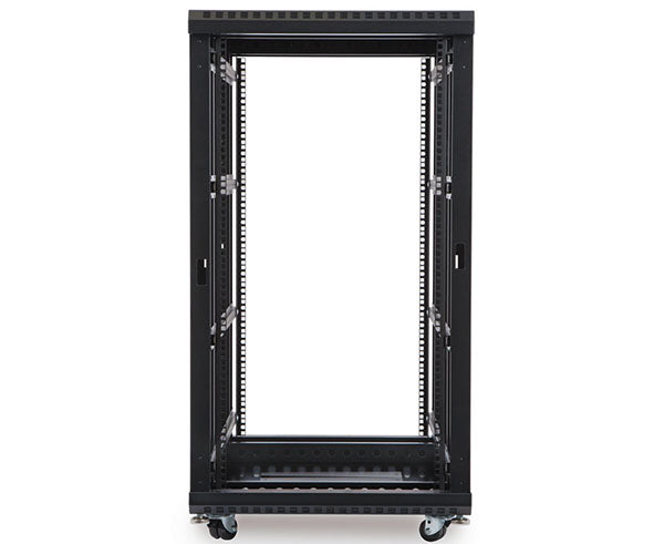 Angled view of the 22U LINIER server rack with wheels, displaying the open front and side panels