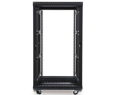Angled view of the 22U LINIER server rack with wheels, displaying the open front and side panels