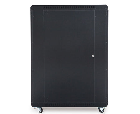 Side view of the 22U LINIER server cabinet without doors, showcasing the wheels for mobility