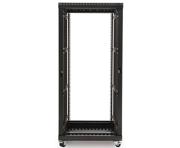 Rear view of a 27U LINIER server rack in black with mobility casters