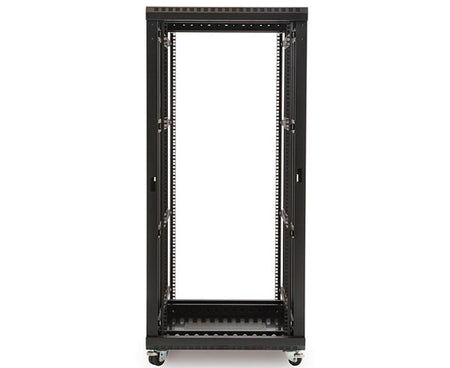 Rear view of a 27U LINIER server rack in black with mobility casters