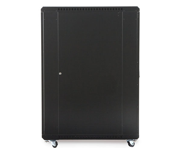 Wheeled 27U LINIER server cabinet in black against a white backdrop