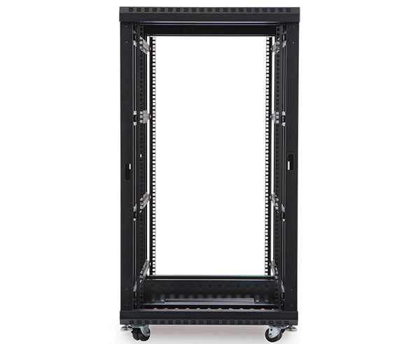 22U LINIER server rack, three-quarter view highlighting the depth and no doors