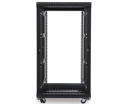 22U LINIER server rack, three-quarter view highlighting the depth and no doors